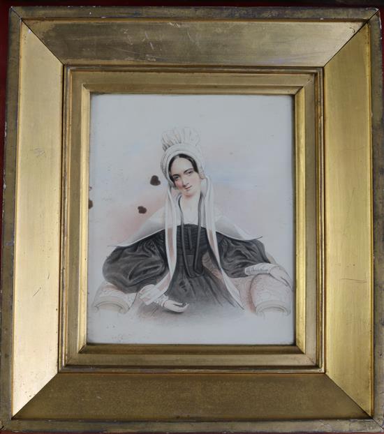 English School c.1839 Portrait of Mrs Colonel Anthony Morse (who died in Bombay October 5th 1839) 7.5 x 6in.